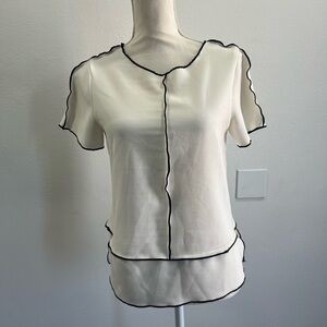 Zara Cream Short Sleeve Blouse with Black Contrast Trim